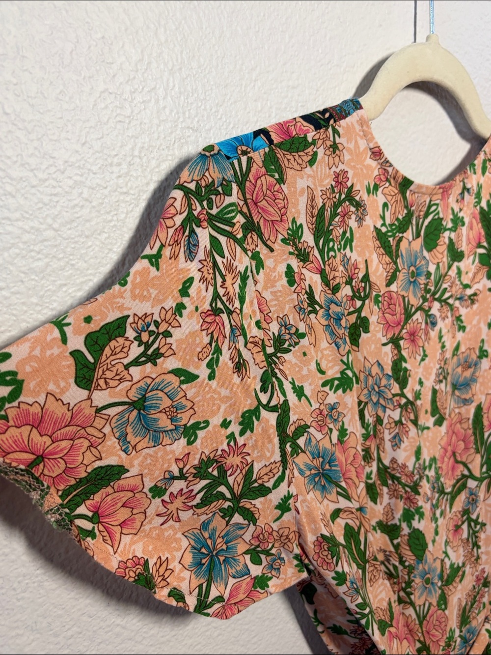 Floral V-Neck Mini Dress in Peach with Blue Accents - Picture 7 of 7